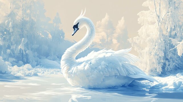 ice fantacy Elegant swan gliding on a serene lake surrounded by a winter landscape.