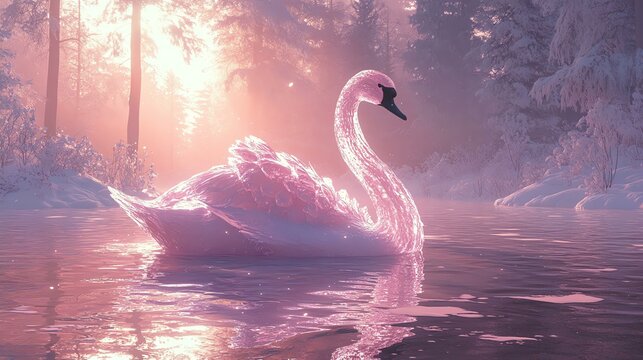 ice fantacy A serene pink swan gliding on tranquil waters at sunset in a magical forest setting.