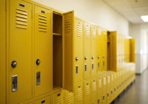 A close up view of yellow lockers in a school hallway, some open, offering a look inside.