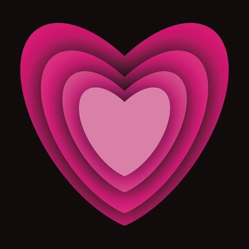 A heart, an image of a pink heart layered multiple times decreasing in size, with a black background, print, cover, wallpaper, carpet design, pattern on product.