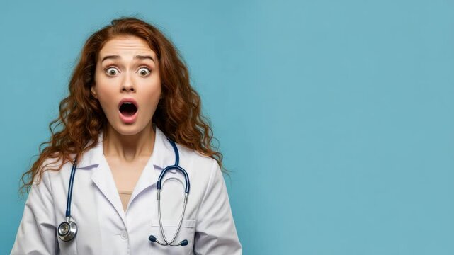 Shocked Female Doctor with Open Mouth - A young female doctor with long, curly red hair stands against a light blue background