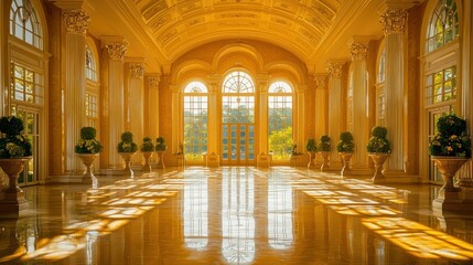 Fototapeta premium Grand, sunlit hall with ornate columns, large windows, and potted plants