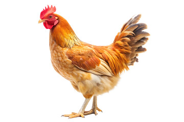 A chicken standing tall, isolate on white background, showcasing its proud stance and vibrant feathers