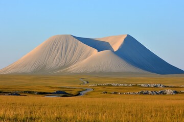Scenic winding road leads to majestic light beige sand dunes under a clear blue sky a breathtaking landscape
