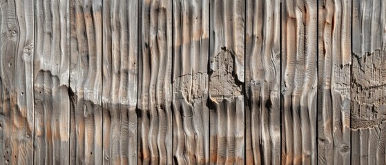 Close-up of weathered wooden fence: aged planks in shades of grey and brown show cracks and black patches, revealing signs of time and weathering.