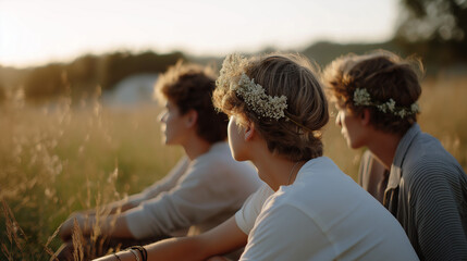 Obraz premium Teenagers in Grass with Flower Crowns at Golden Hour