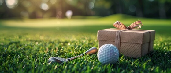 Serene golf course setting with gift box, golf ball, and club implies a celebratory connection to golf, creating a peaceful, special occasion ambiance.