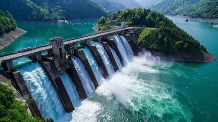 The image shows   Dam , releasing water against a backdrop of mountains and trees under a clear sky, showcasing nature's power and engineering marvel.