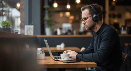 Freelancer Man Working from Laptop at a Coffee Shop Generative AI

