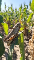 Grasshopper perched on leaf, corn plants behind