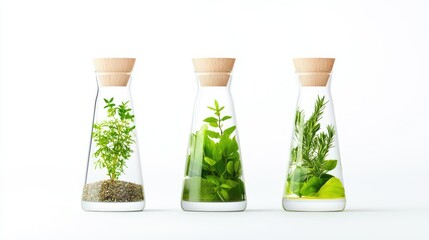 Minimalist composition of three herbal oil bottles with green herbs inside, isolated on white