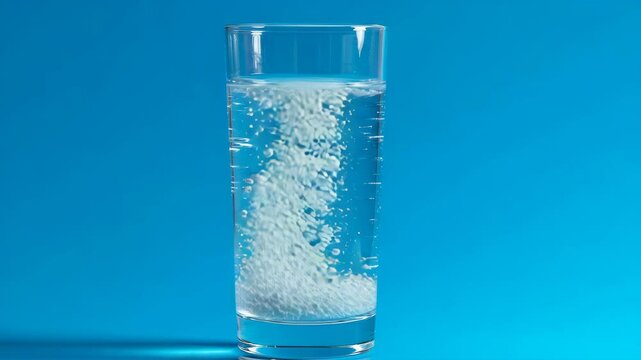Effervescent Tablet Dissolving in Water - A close-up shot shows an effervescent tablet dissolving in a glass of water against a vibrant blue background. The fizzing action creates a visually appealing