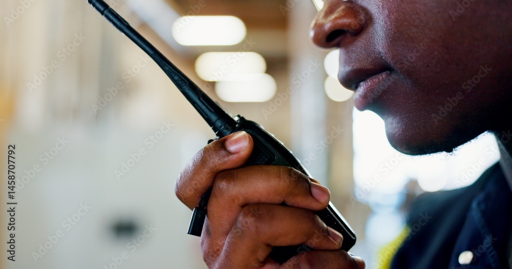 Leinwandbilder engineer, talking and person with radio, mouth and communication for project management and digital.