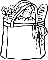 Hand Drawn Grocery Bag with Fresh Produce Doodle Outline Farmer Market