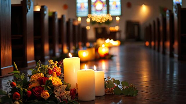 A peaceful Ascension Day service with candles, floral arrangements, and serene atmosphere - Powered by Adobe