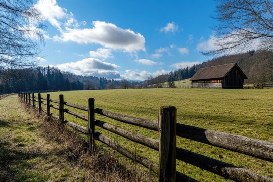 Rustic farm scene under a vibrant sky.  A wooden barn stands amidst a grassy meadow, bordered by a weathered fence