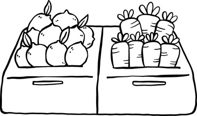 Farmer Market Lemons and Carrots in crates Doodle Outline