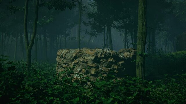 A large, weathered well sits partially obscured by a thick bed of lush green foliage in a dense dark forest. An old stone well with rugged texture and worn surface in the middle of the woods at night.