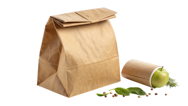 A sustainable lunch packed with fresh ingredients, ready for a healthy and eco-conscious day, featuring a kraft paper bag and cup.