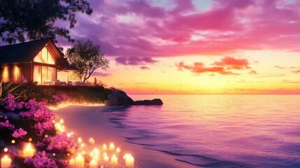 Romantic sunset by ocean with warm candlelight glowing from cozy beachside cottage
