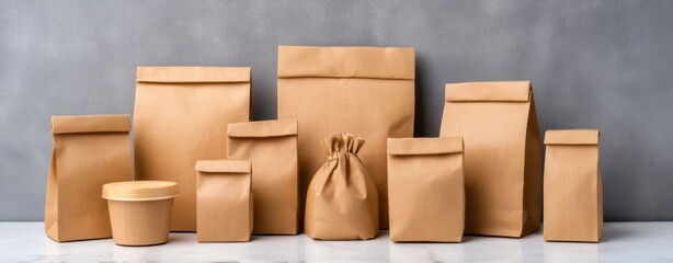 Eco-friendly takeaway packaging solutions. Various brown paper packaging bags and containers are neatly arranged against a gray background.