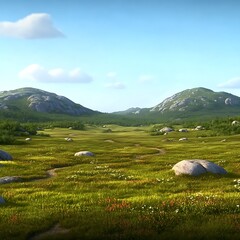 Fototapeta premium Serene Meadow Landscape Rolling Green Hills and a Gentle Path A picturesque summer day scene