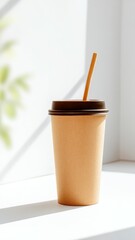 Eco-friendly takeaway packaging solutions. Minimalist paper coffee cup with lid and straw placed on a sunlit white surface, with soft shadows in the background.