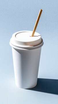 Eco-friendly takeaway packaging solutions. A plain white takeaway cup with a lid and a brown paper straw on a blue background.