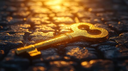 Golden key lies on cobblestone street in warm sunlight