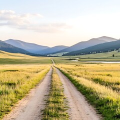 Fototapeta premium Scenic Country Road Winding Through a Serene Mountain Valley at Sunset