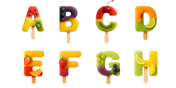 Fruit popsicle letters A to H with vibrant tropical flavors : Letters A, B, C, D, E, F, G, and H shaped as colorful fruit popsicles featuring watermelon, kiwi, lime, cherry, orange, strawberry, grape.