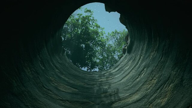 View from the bottom of the well in a forest, starry night sky and green trees are visible. First person view of moving up through the well to the woods in the night.