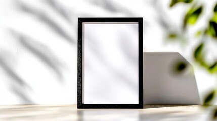 Empty black frame on a table with shadows.