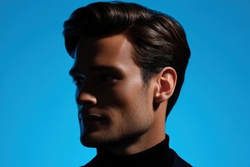 Obraz premium Ethereal portrait of a confident young man illuminated by dynamic blue lighting showcasing a modern fashion style with a polished appearance and striking features that embody sophistication
