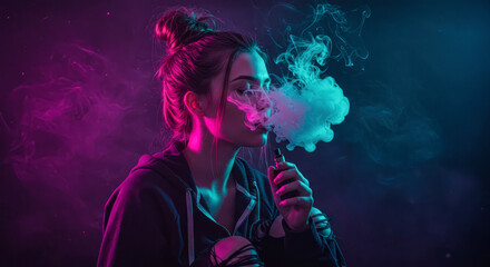 Young Woman Exhaling Vapor In Neon Purple And Blue Studio Lighting