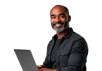 Portrait of a man holding a laptop on a transparent background