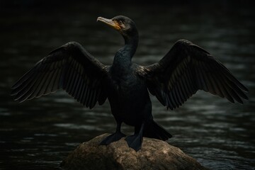 Majestic cormorant spreads wings.