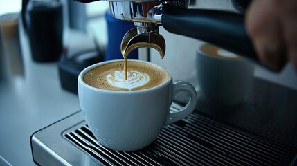 A steaming cup of coffee being artfully prepared.