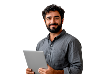 Portrait of handsome smiling man using a tablet on a transparent background