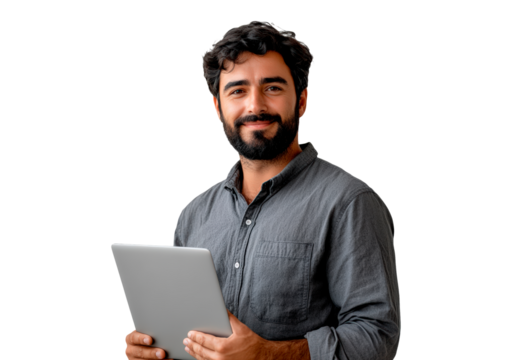 Portrait of handsome smiling man using a tablet on a transparent background