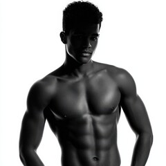 Fototapeta premium Captivating portrait of a strong young man captured in bold black and white with defined muscular features and an expressive pose illustrating strength and confidence