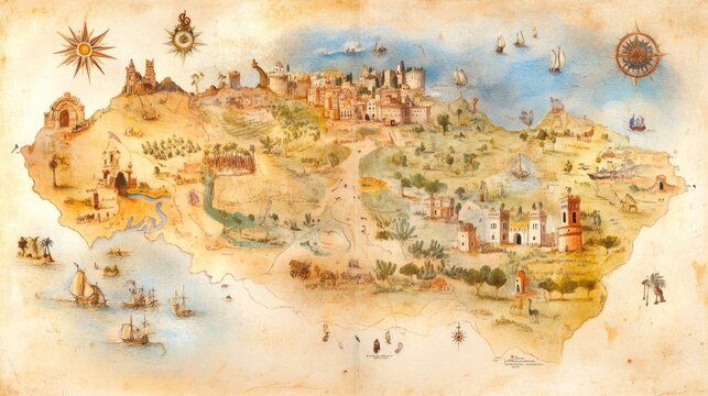 Antique coastal map watercolor painting vintage travel illustration