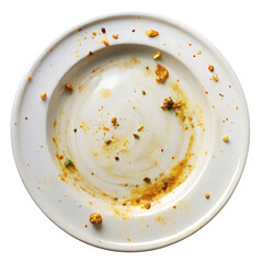 A photograph of an empty plate with dirty food isolated on white background PNG
