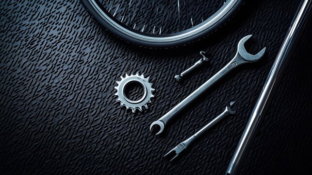 Flat lay of bicycle repair tools and parts.