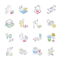 Get this handy set of gym and fitness isometric outline icons