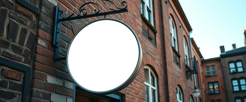 Circular blank signboard hangs on weathered brick wall of old city building, mockup, template