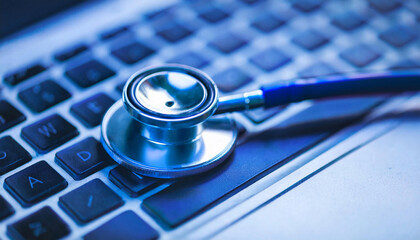 Stethoscope on computer keyboard. Digital healthcare innovation. A close-up of a stethoscope resting on a keyboard, representing the fusion of medical practice and technology in modern healthcare.