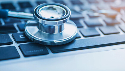 Stethoscope on laptop keyboard. Digital healthcare innovation. A close-up of a stethoscope resting on a keyboard, representing the fusion of medical practice and technology in modern healthcare.