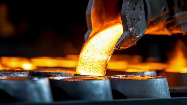 Molten gold pouring from a furnace into molds in a metal foundry