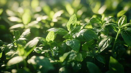 Obraz premium Fresh green basil leaves close up in garden for cooking and culinary herbs and healthy eating concepts